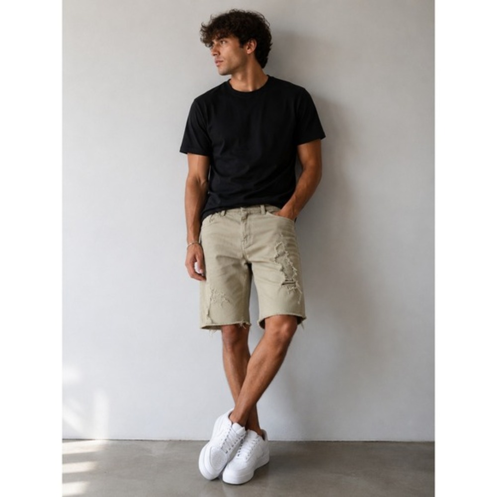 Guess Mens Shorts 32W Khaki Stretch Casual Distressede Grungre Streetwear